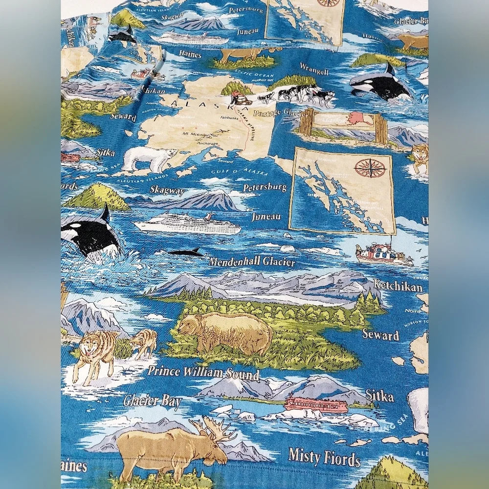 David Carey Originals Alaska Map Hawaiian Shirt‎ Men’s XL Blue Wildlife Print